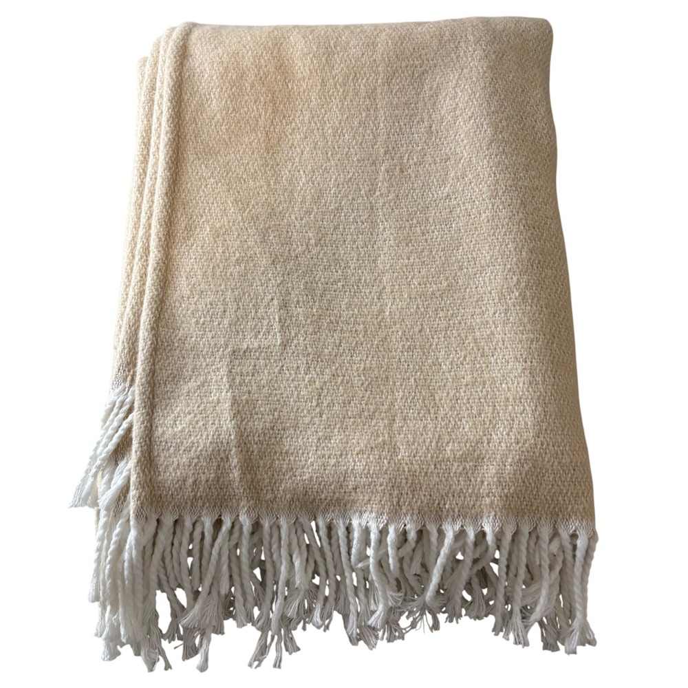 Portugal Woven Throw Blanket Tan Cream Textured Fringe Boho Decor 51x32 Farm